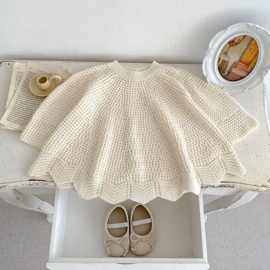 Frühling Herbst Mädchen Strickwaren Rüschen süße Kinder Kleid Großhandel Polka DOT langärmelige Kinder Kleid mittellange Pullover