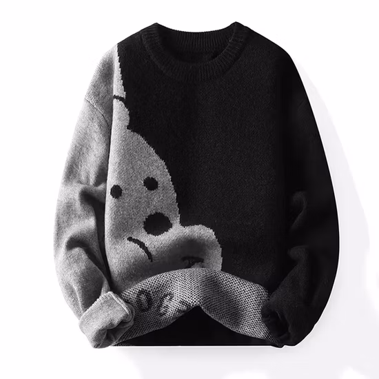 Kundenspezifischer Herren-Pullover mit Rundhalsausschnitt und langen Ärmeln. Strickpullover für Herren aus Polyester mit 3D-Buchstaben-Jacquardmuster