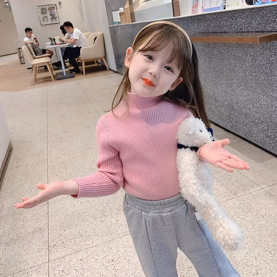 Gute Qualität, neueste Designs, Winter, Herbst, einfarbig, Stehkragen, Baumwolle, Kleinkind, Baby, Kinder, Mädchen, Strickpullover